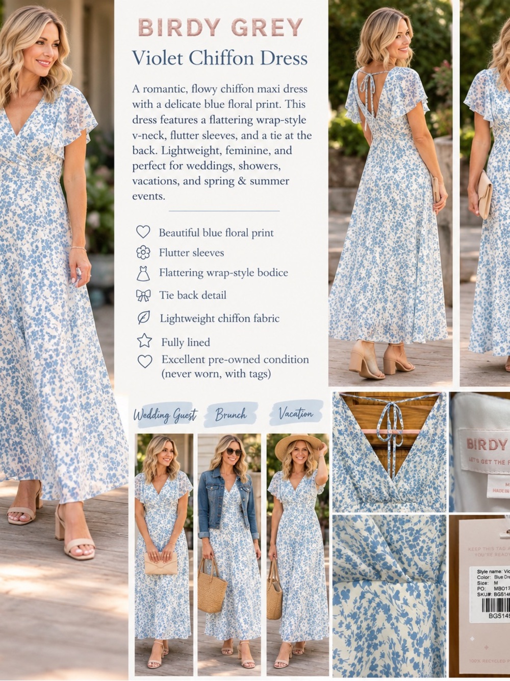 Birdy Grey Blue Floral Chiffon Maxi Dress